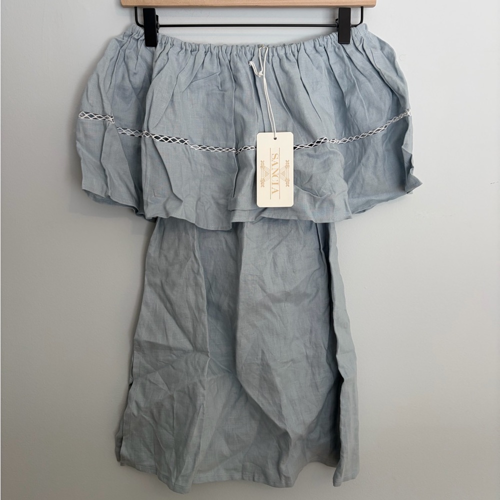 Off-Shoulder Light Blue Linen Blend Women's Dress
